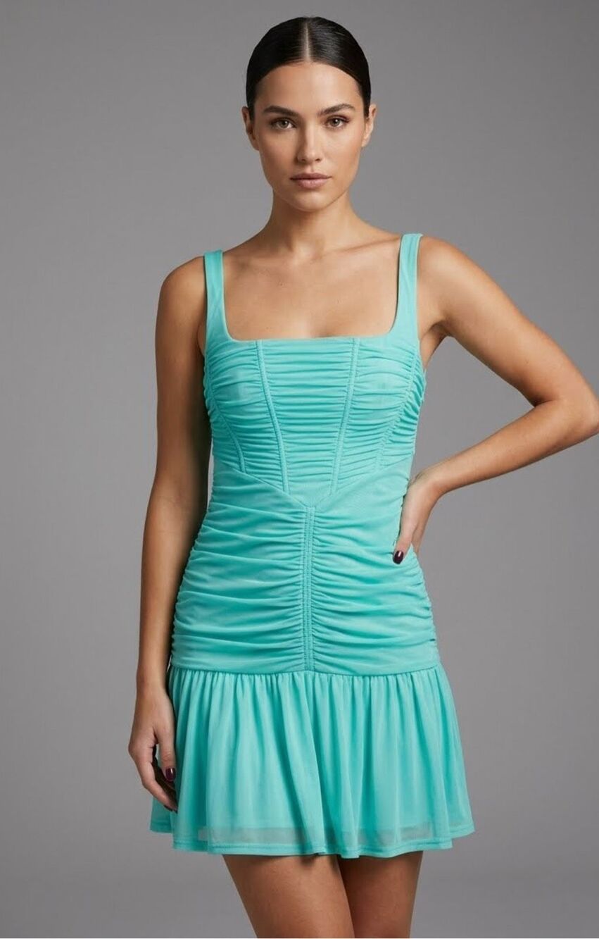 Asos Design Sleeveless Ruched Mesh Mini Dress In Turquoise Size 2 Petite